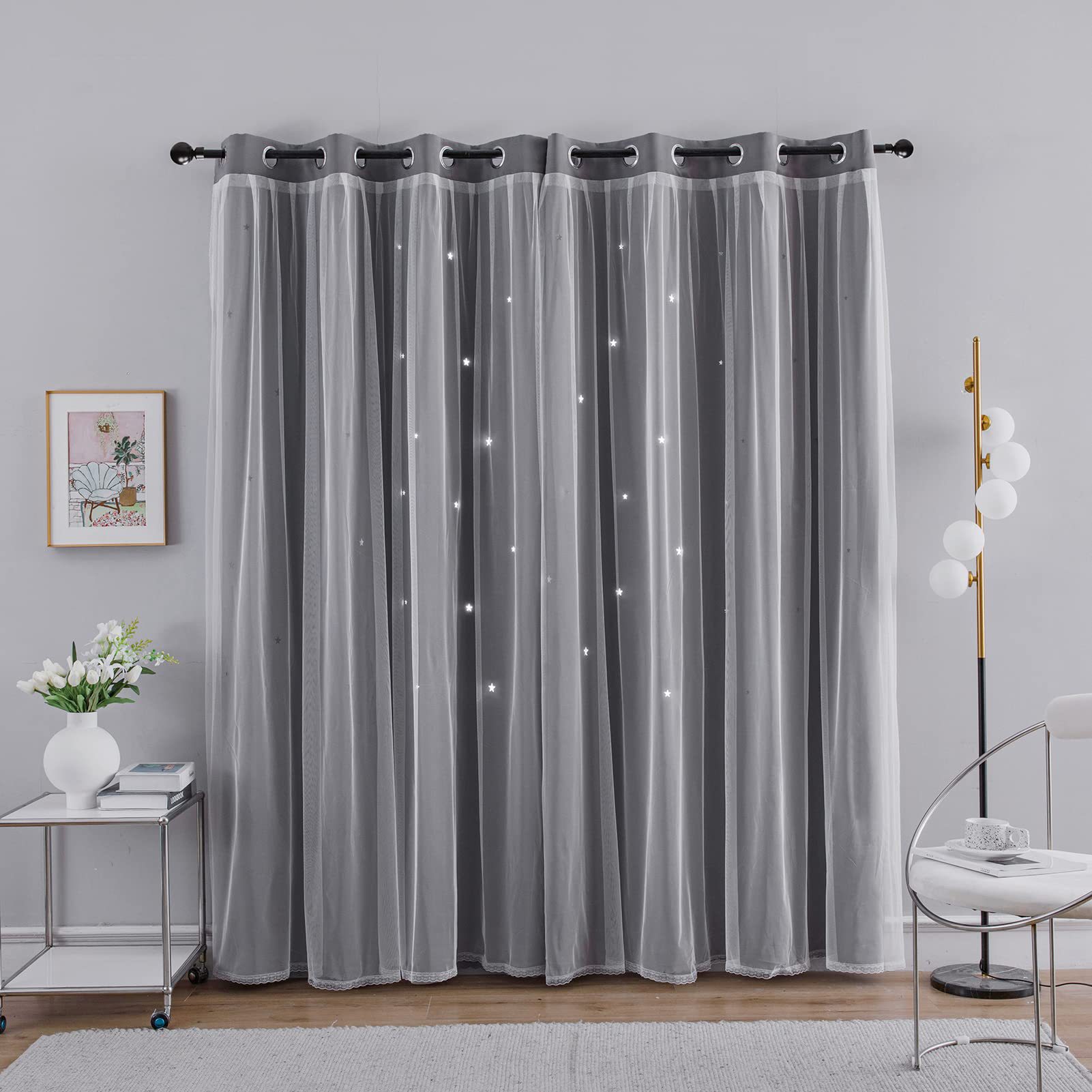 Cortinas de doble capa con estrellas huecas, cortinas cortas perforadas con barra opaca para dormitorio y sala de estar